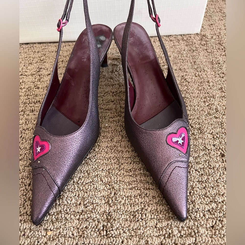 Unique and Elegant Purple and Pink Leather Heels with Heart Accents